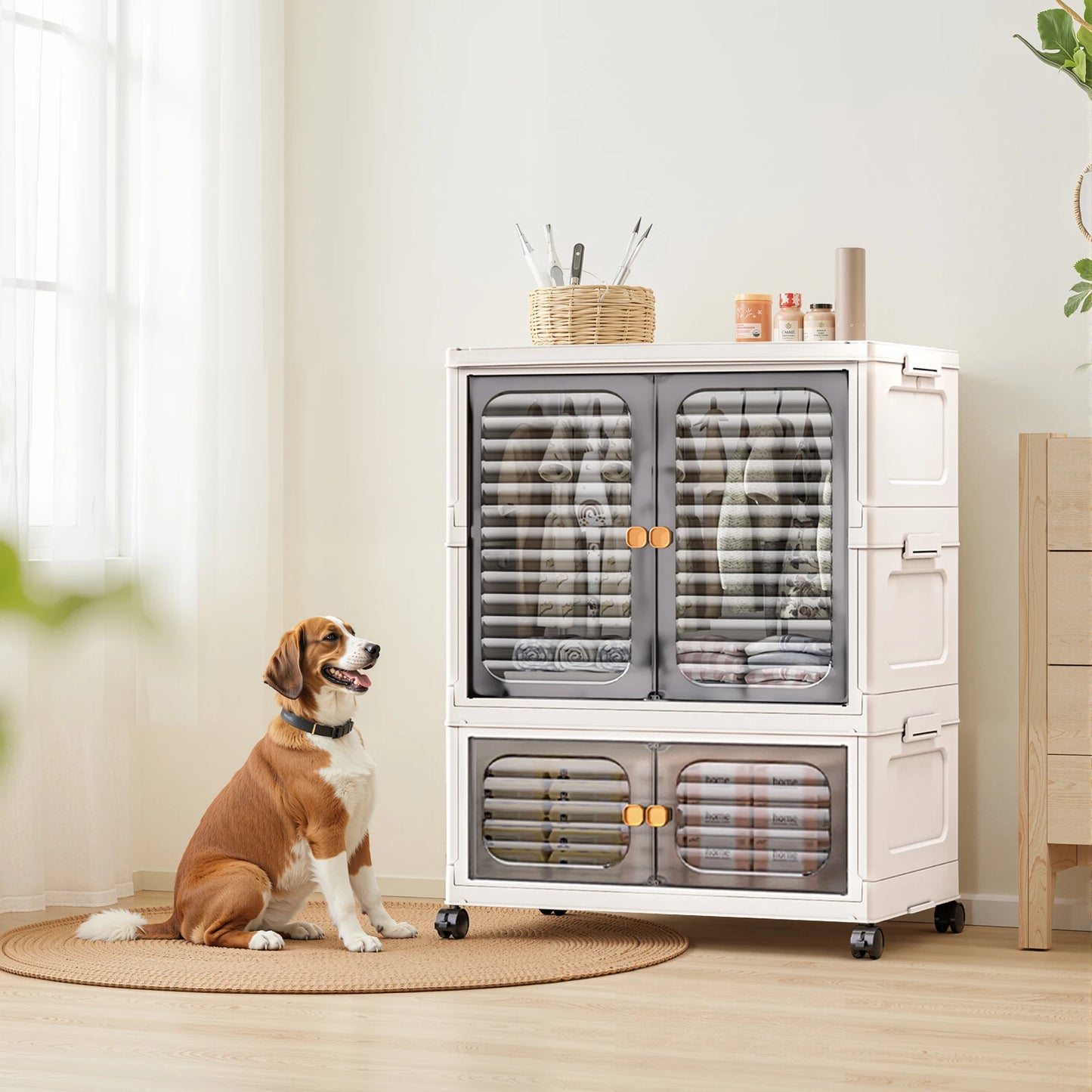 Foldable Multi-layer Plastic Storage Box with Wheels,Clothing Storage Cabinet,Folding Storage Cabinet Small Wardrobe Storage Box
