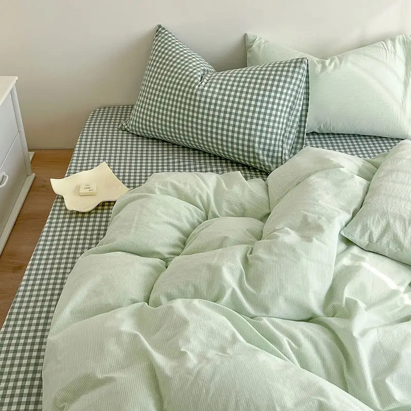 Classic Plaid Bedding Set No Filler Blue Green Duvet Cover Flat Sheet Pillowcases Single Full Queen Size BedSpread Home Textile