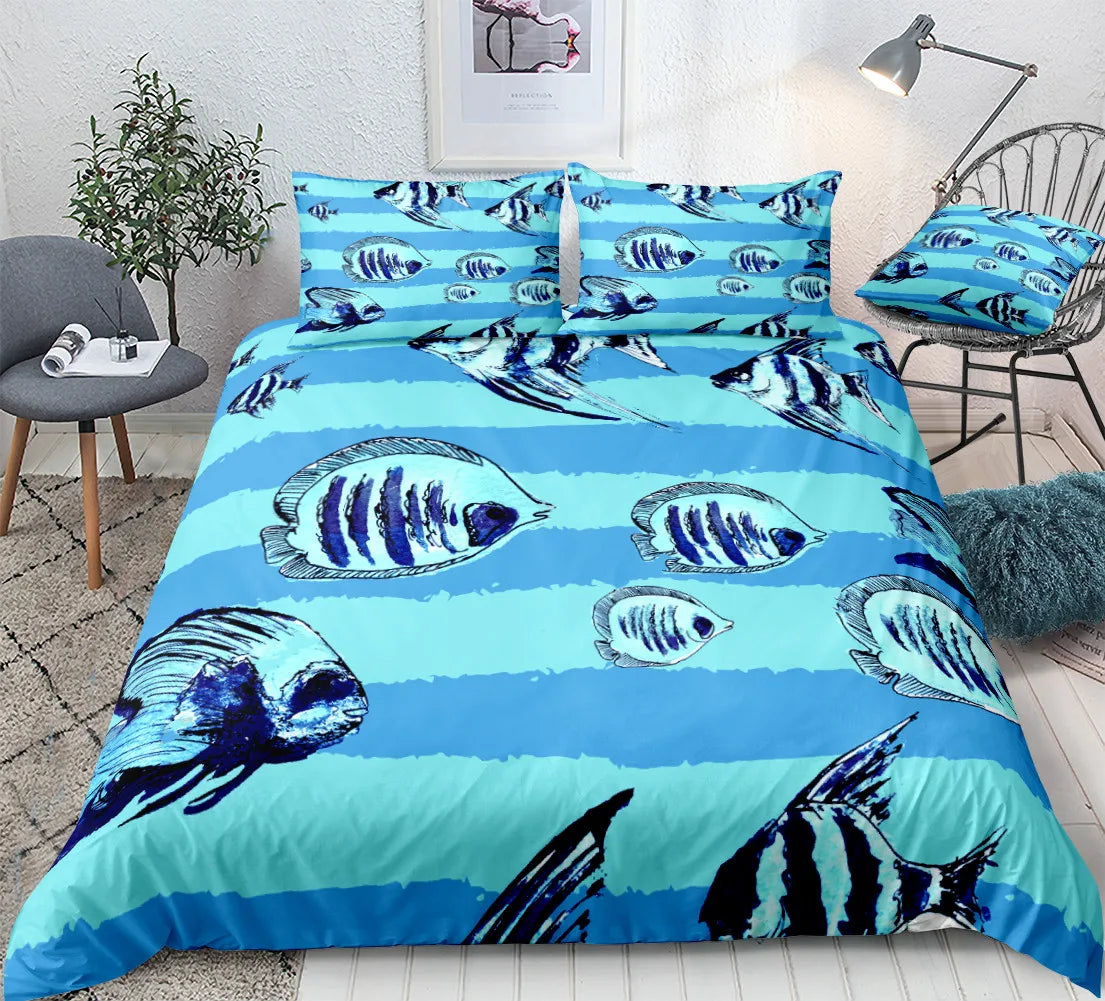 Ocean Duvet Cover Set Blue Whale Bedding Set Sea Animal Bed Linen Striped Beds Set Kids Teens Home Textile Microfiber Bedclothes