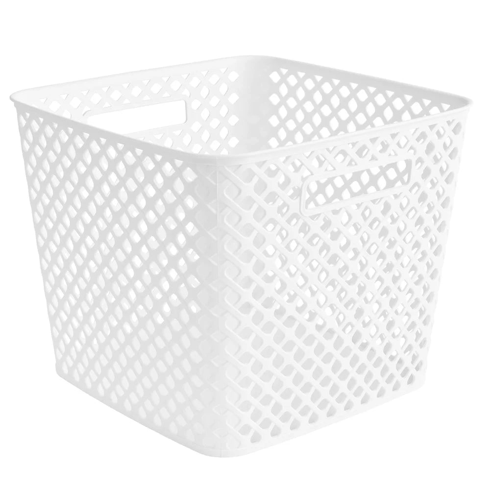 Decorative Storage Basket 13 Inch Square Plastic Mesh Design with Cut-Out Handles Easy Transport Ideal Organizing Toys Tools