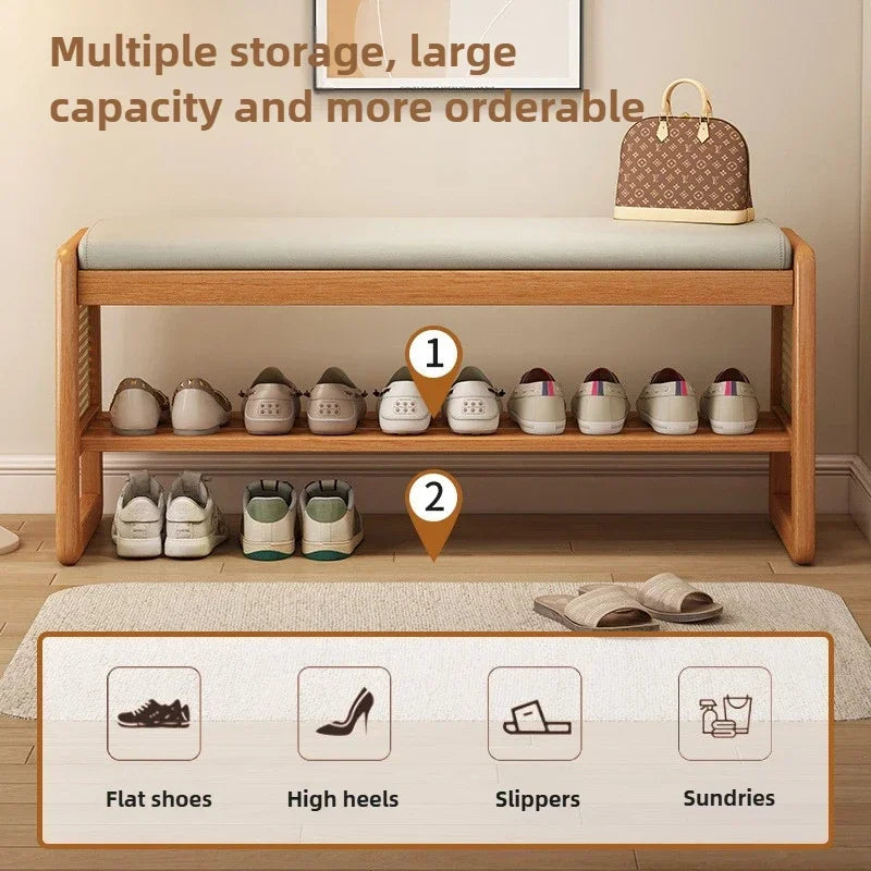 Teng woven shoe changing stool, entrance door, home door, multi-layer storage, solid wood, can sit on shoe stool