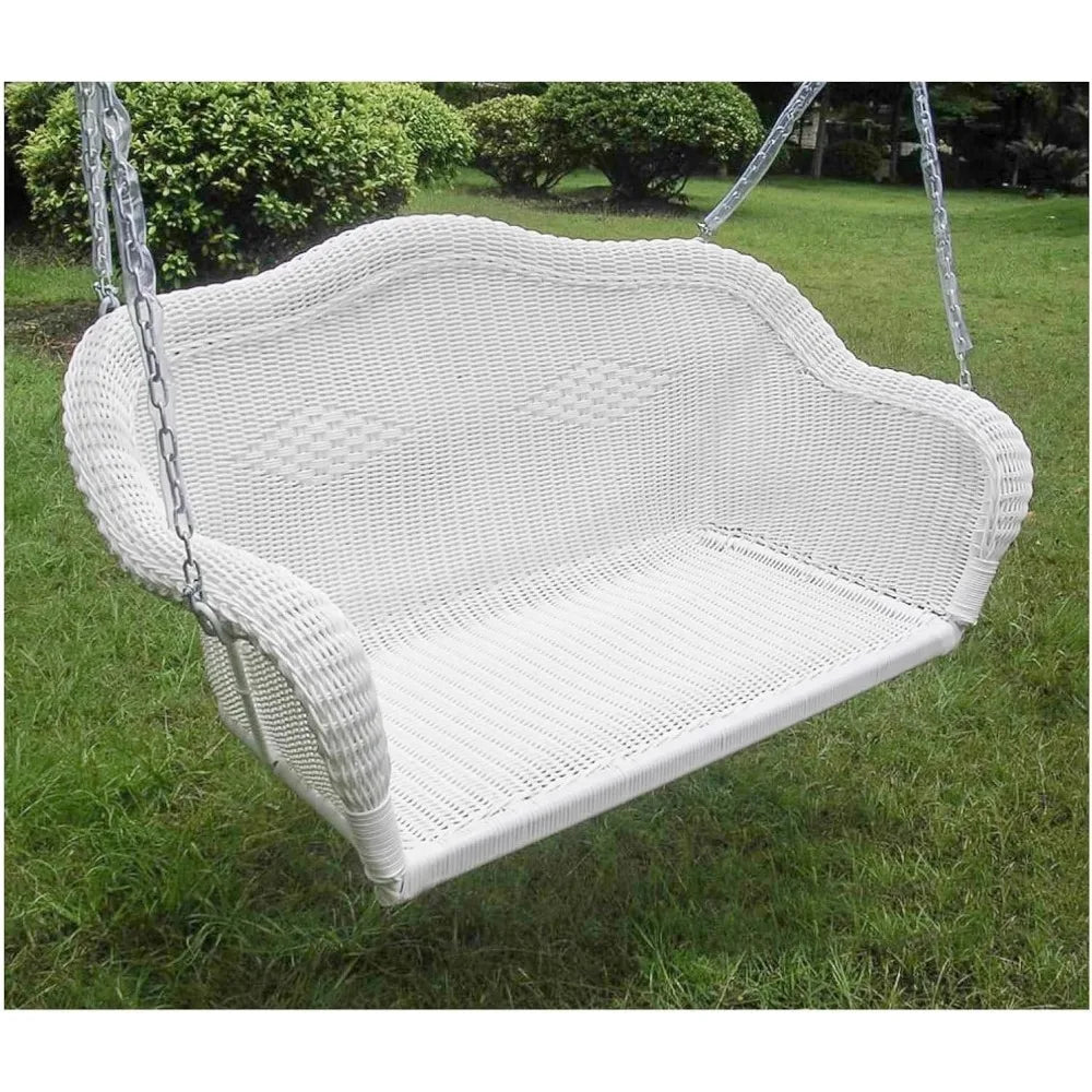 2-Person Hand Woven Resin Wicker Hanging Porch Swing with Chain - White