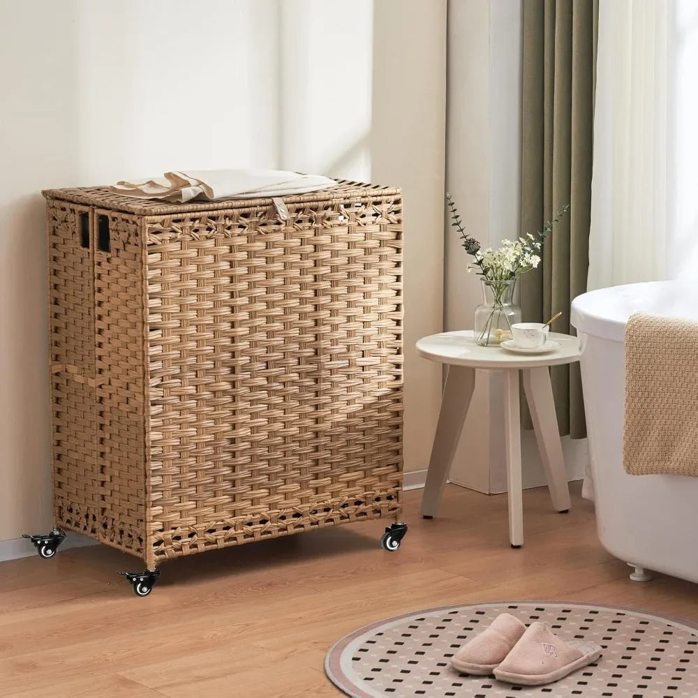 Laundry Hamper with Wheels&Lid, 50.2 Gallons(190L) Rolling Laundry Basket with Wheels, 3-Section Laundry Hamper