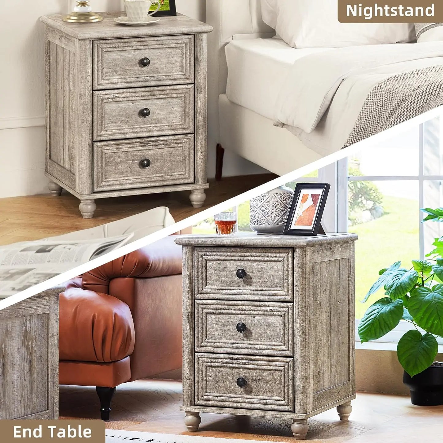 18" Farmhouse Night Stand Set of 2, Gray Wood Nightstand with 3 Drawers, Bedside End Table with Storage and Roman Column