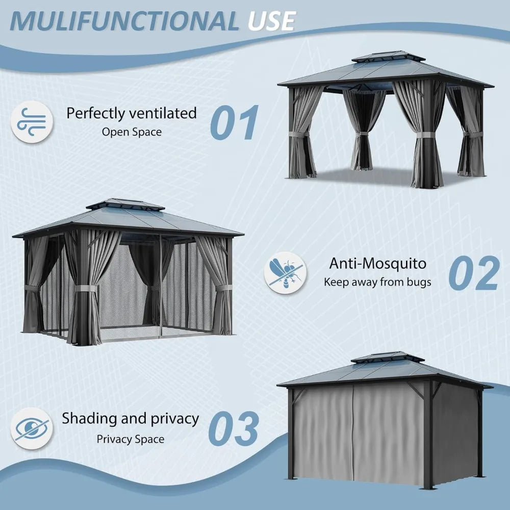10'x12' Hardtop Gazebo, Aluminum-Framed Durable Pavilion with Curtains & Netting, Boasting A Dual-Layer Polycarbonate Roof