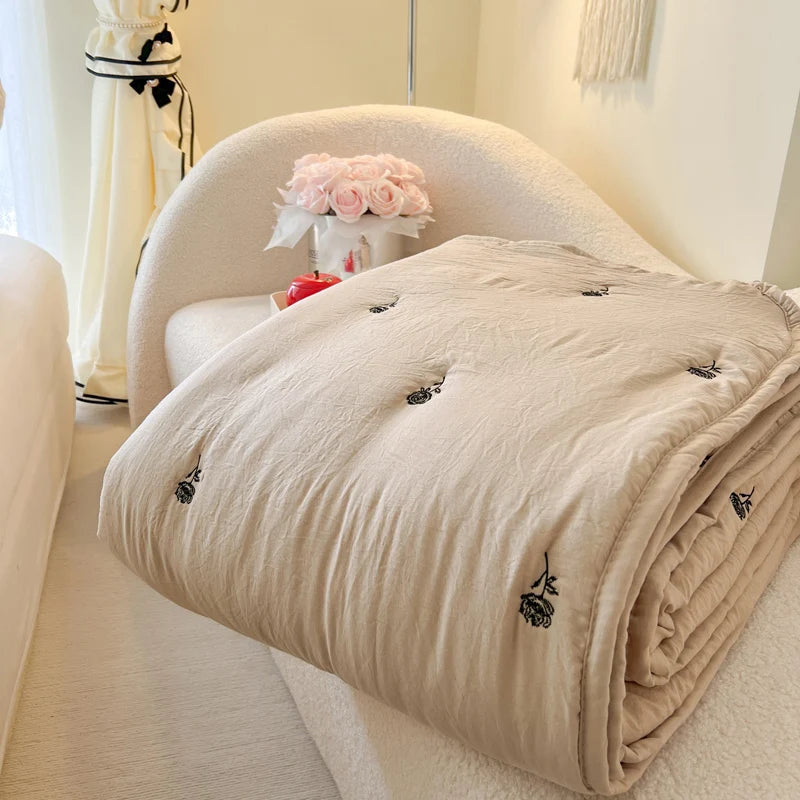 Japanese Minimalism Skin-friendly Summer Blanket Soft Breathable Single Double Duvet Washed Embroidered Comfortable Thin Quilt