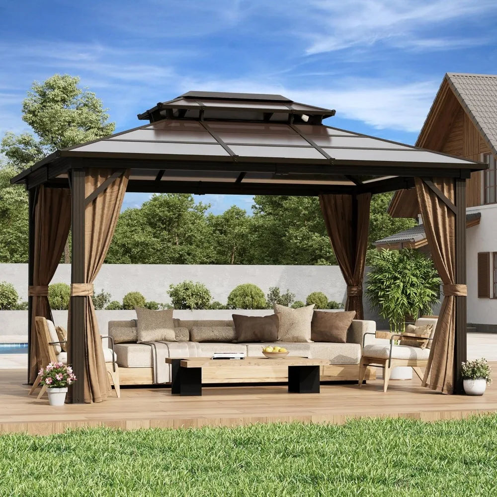 10'x13' Hardtop Gazebo, Outdoor Polycarbonate Double Roof Canopy, Aluminum Frame Permanent Pavilion with Curtains and Netting,