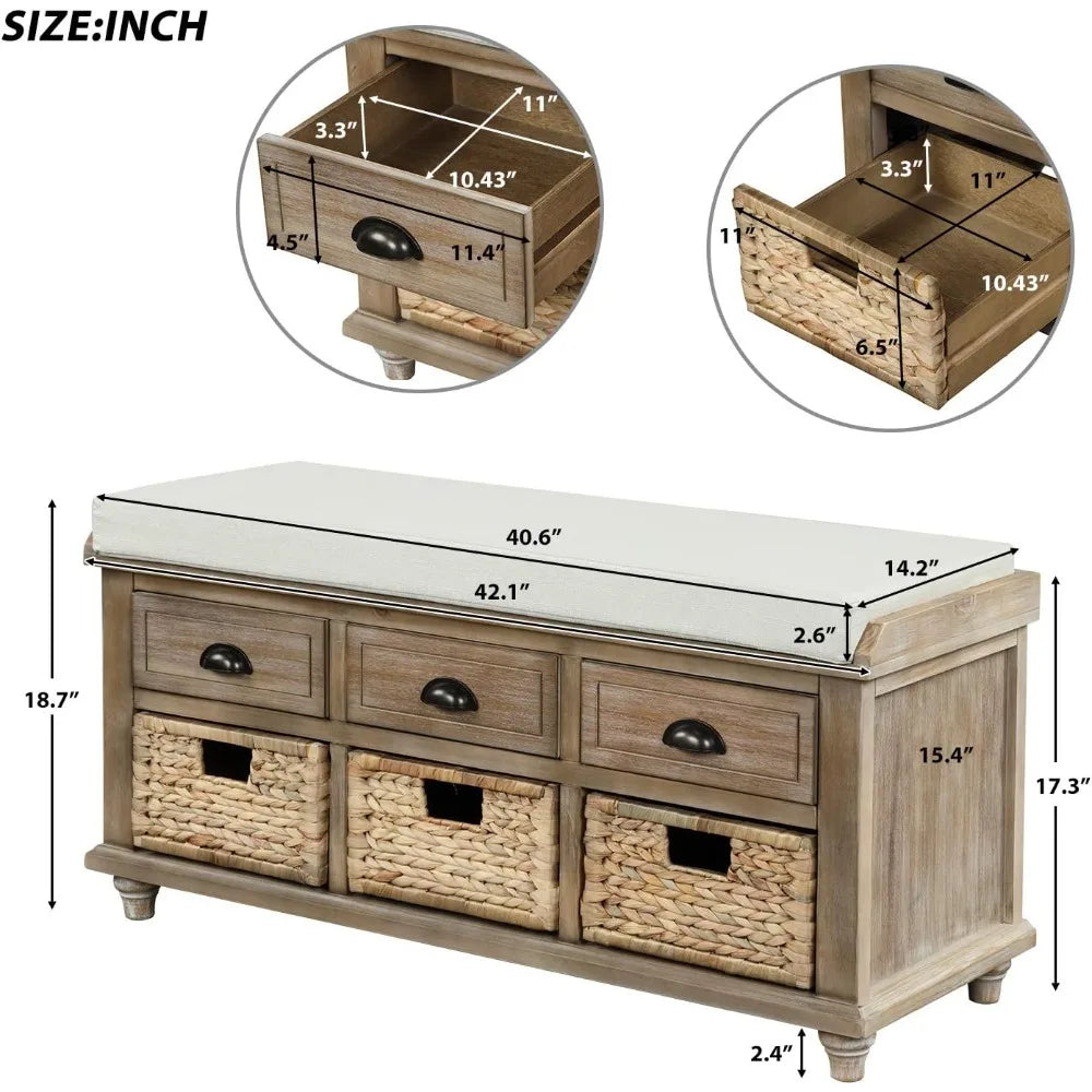 SOFTSEA Wood Storage Bench with 3 Drawers, 3 Rattan Baskets, Rattan Entryway Bench with Removable Cushion Home Organizer Bench(W