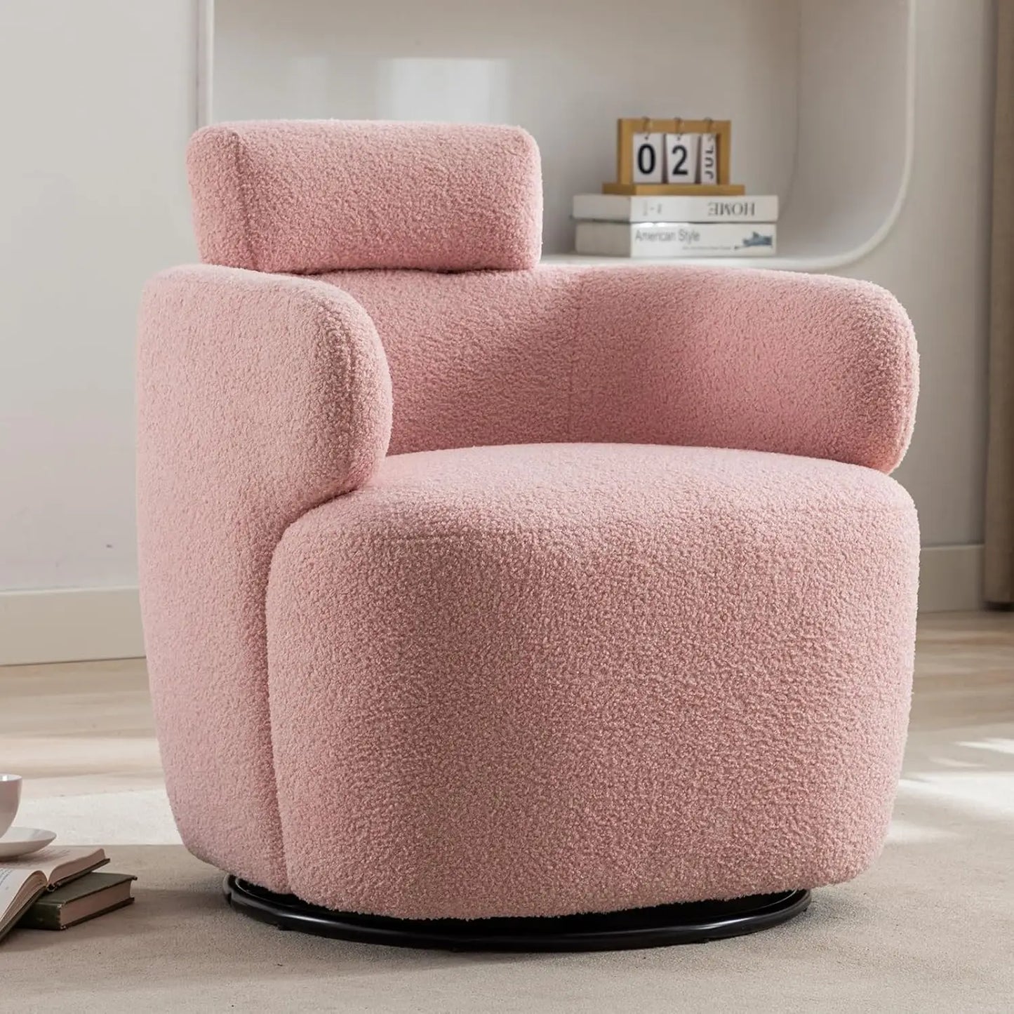 Small Swivel Accent Chair, 360°Barrel Boucle Round Modern Armchair,Tufted Upholstered Single Sofa Chair with Adjustable Headrest