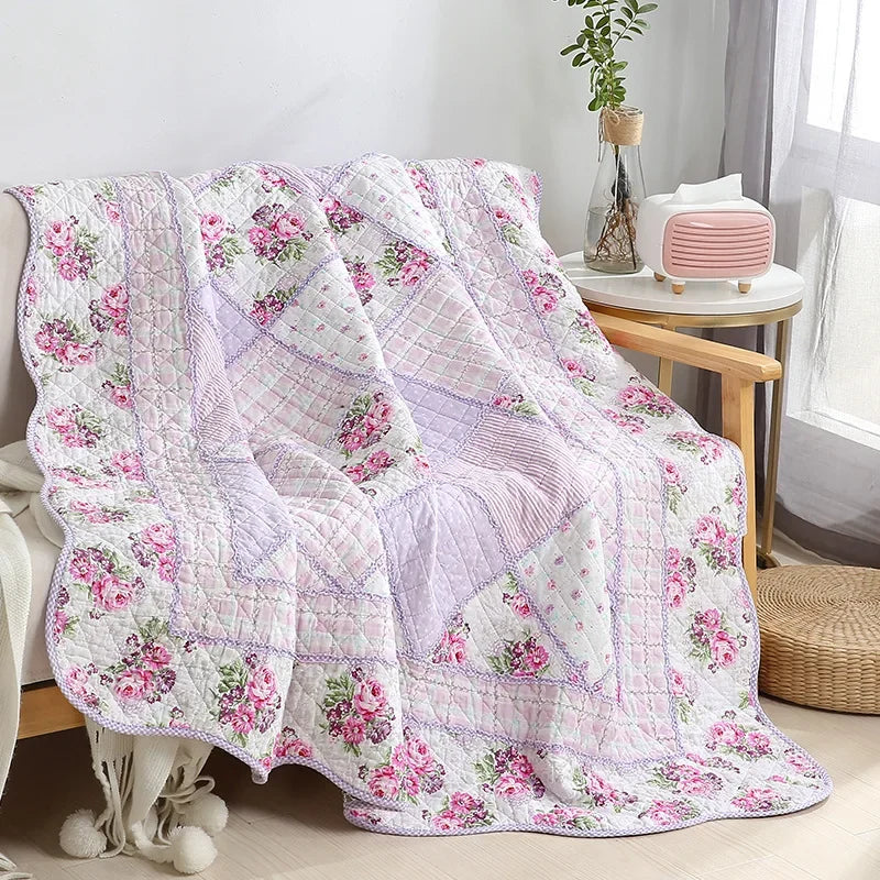 Floral Cotton Quilt Blanket Twin Size 150x200cm Patchwork Bedspread Lightweight Summer Coverlet Sofa Cover All-Season Home Decor