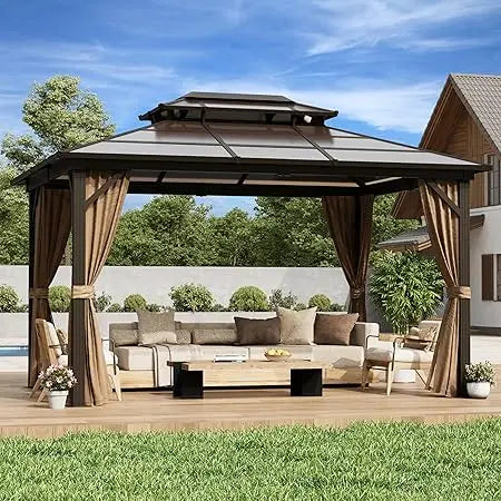 10'x13' Hardtop Gazebo, Outdoor Polycarbonate Double Roof Canopy, Aluminum Frame Permanent Pavilion with Curtains and Netting,