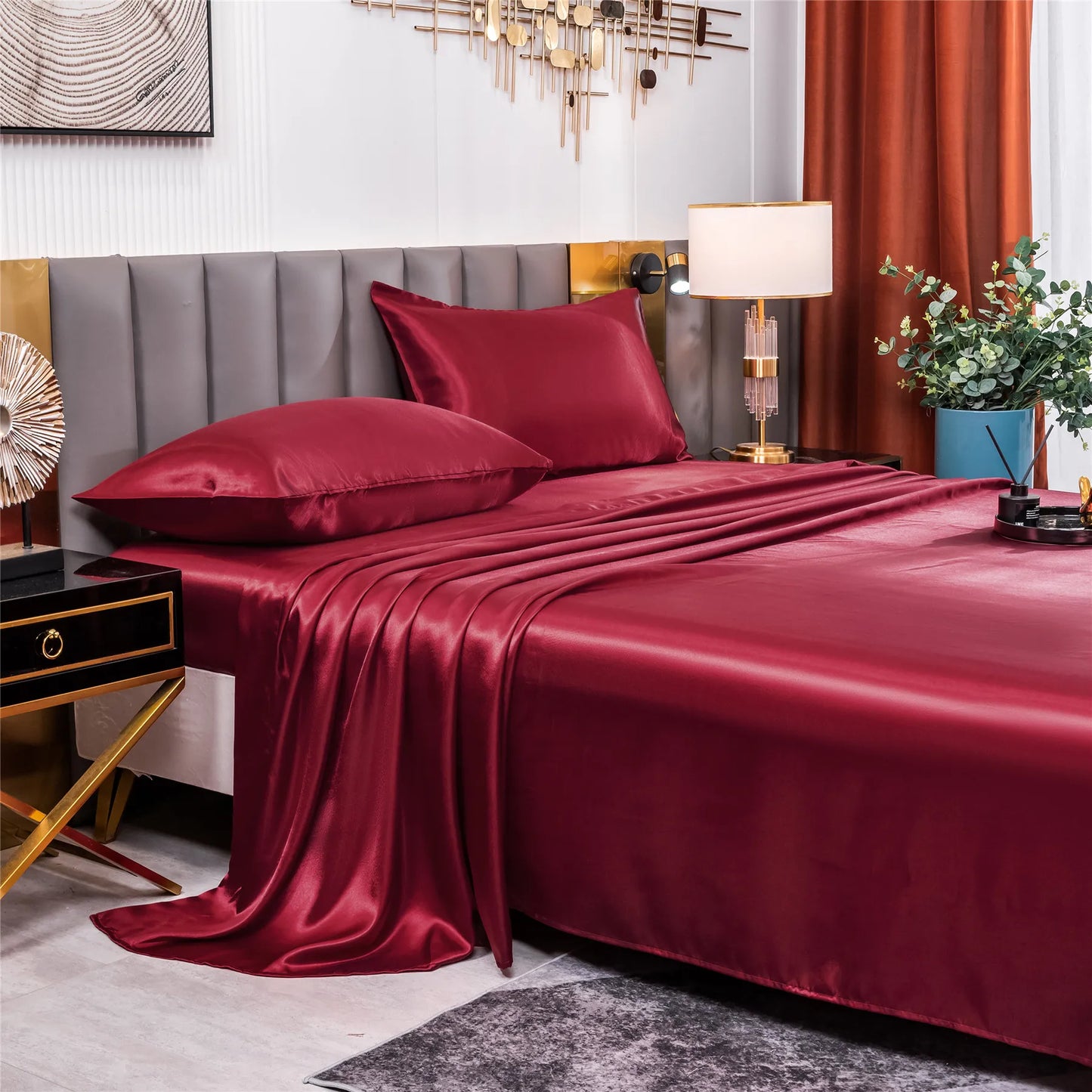 Home Living Luxury Smooth 3pcs Bedding Sets Solid Satin Pillow Case Flat Seet Fitted Sheet King Size Bedding Sets For Bedroom