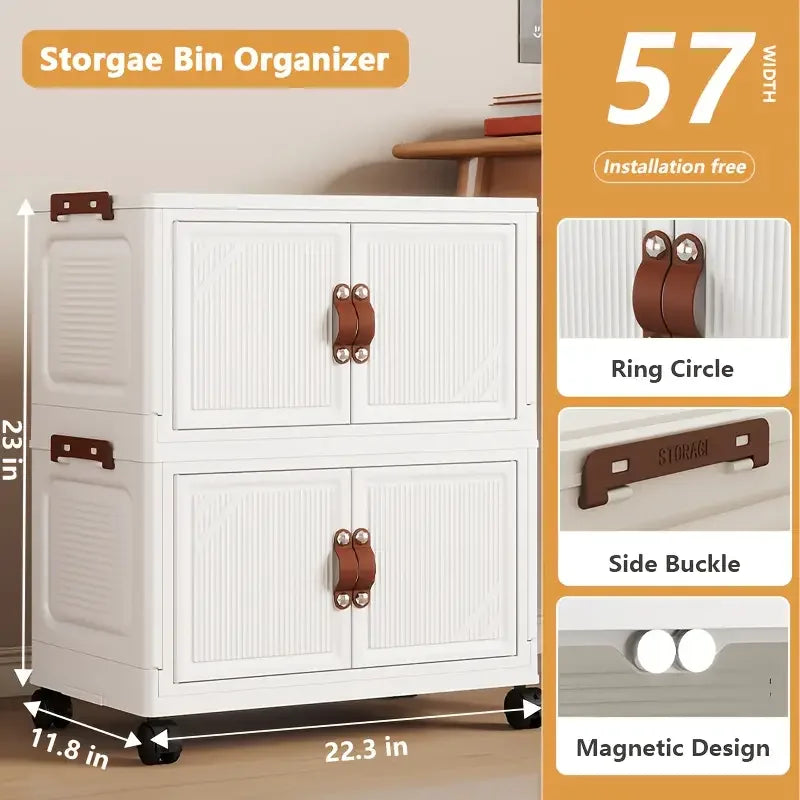 Multi-layer Foldable Double Door Plastic Storage Cabinet with Wheels - Large Capacity Organizer for Bedroom Living Room Kitchen
