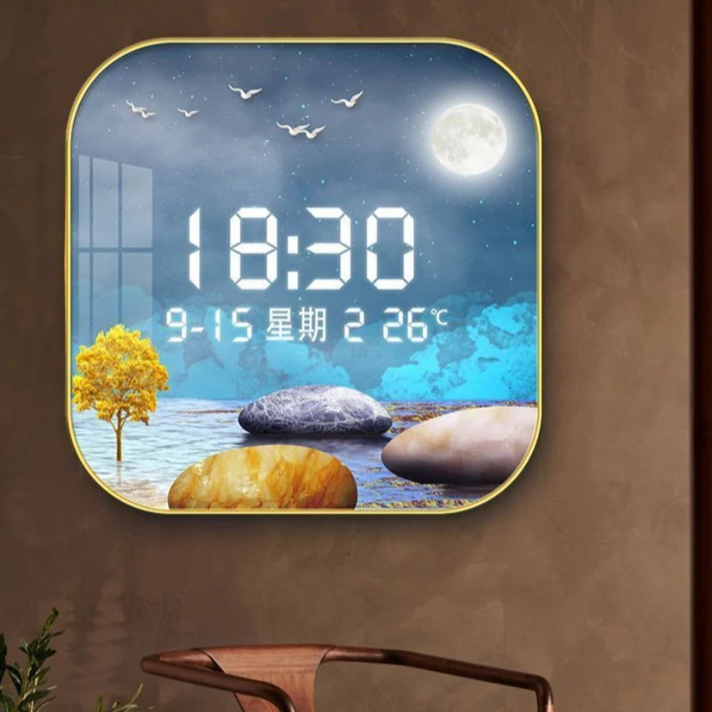 Wall Clock Digital Display Silent Temperature Clock Square Living Room Home Bedroom Dining Room Wall Painting