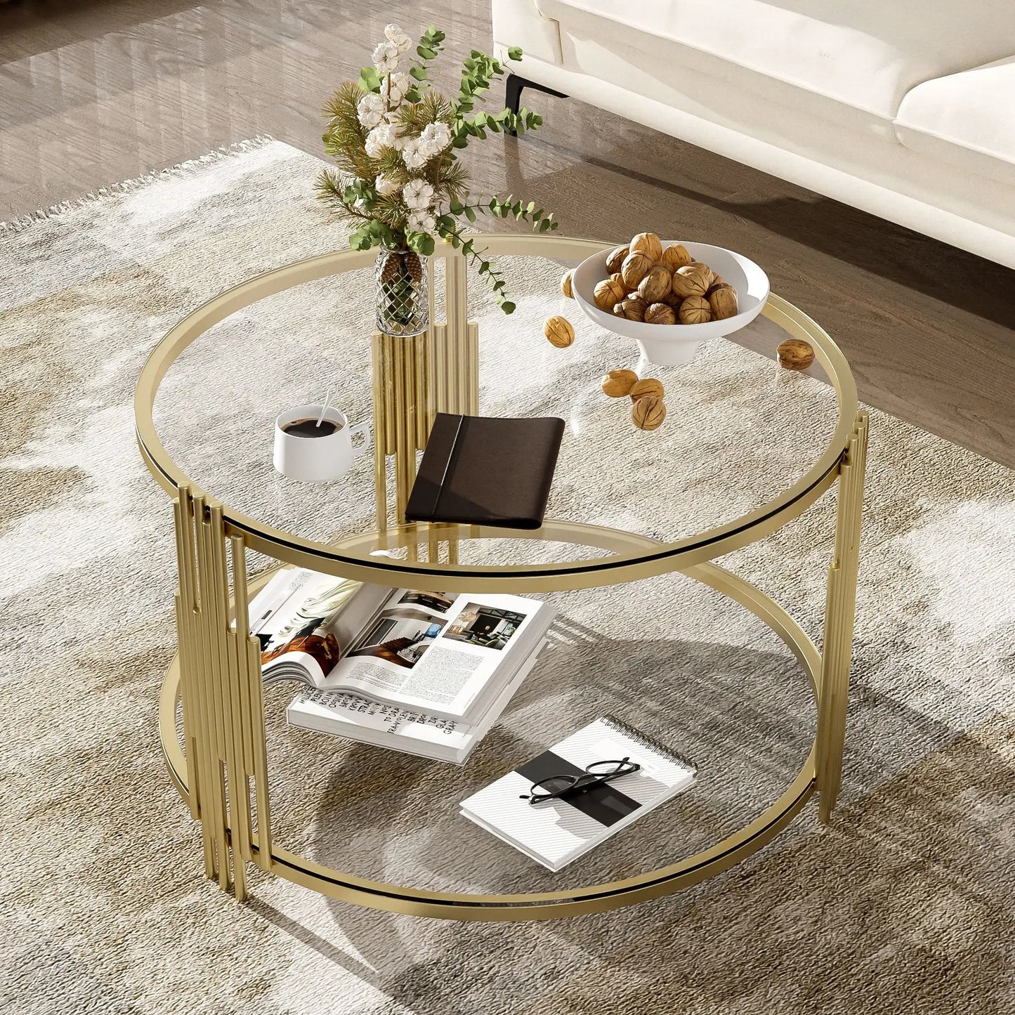 Modern Glass Coffee Table in 31.5", Asymmetrical Metal, Circular Metal Drum Base, Gold Finish & Lower Shelf,Café Tables