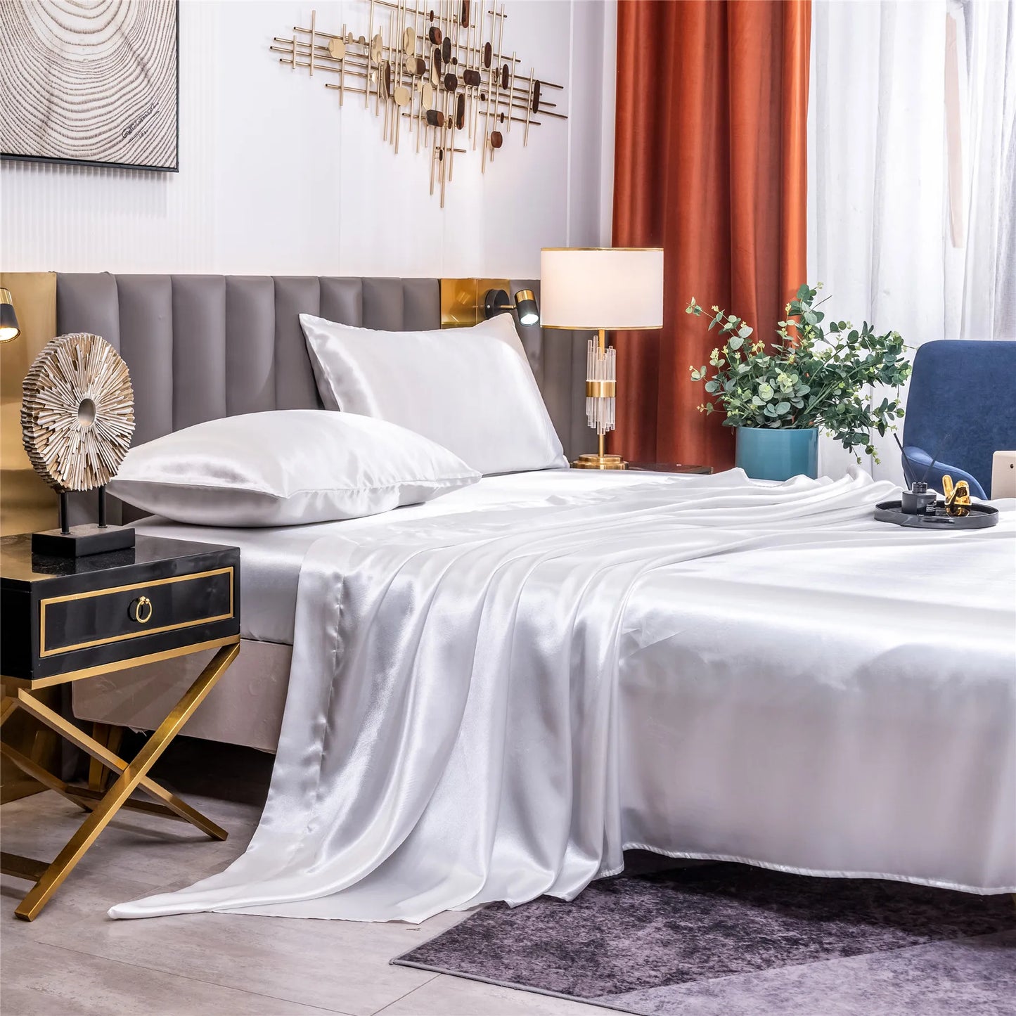 Home Living Luxury Smooth 3pcs Bedding Sets Solid Satin Pillow Case Flat Seet Fitted Sheet King Size Bedding Sets For Bedroom