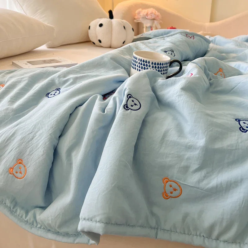 Japanese Minimalism Skin-friendly Summer Blanket Soft Breathable Single Double Duvet Washed Embroidered Comfortable Thin Quilt