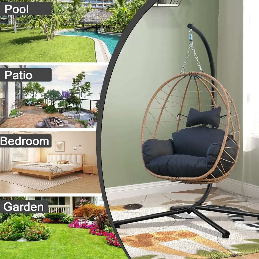 Egg Chair with Stand, Uv-Proof Pe Wicker Hanging Chair for Outdoor Patio, Cushioned Hammock Swing for Bedroom Garden Indoor/Outd