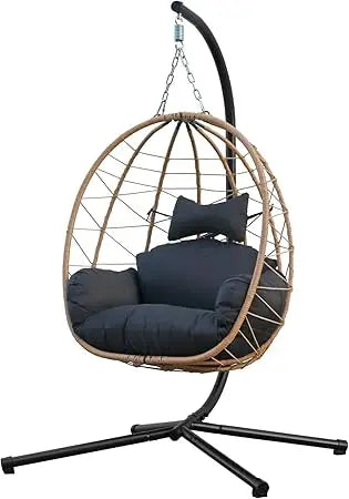 Egg Chair with Stand, Uv-Proof Pe Wicker Hanging Chair for Outdoor Patio, Cushioned Hammock Swing for Bedroom Garden Indoor/Outd