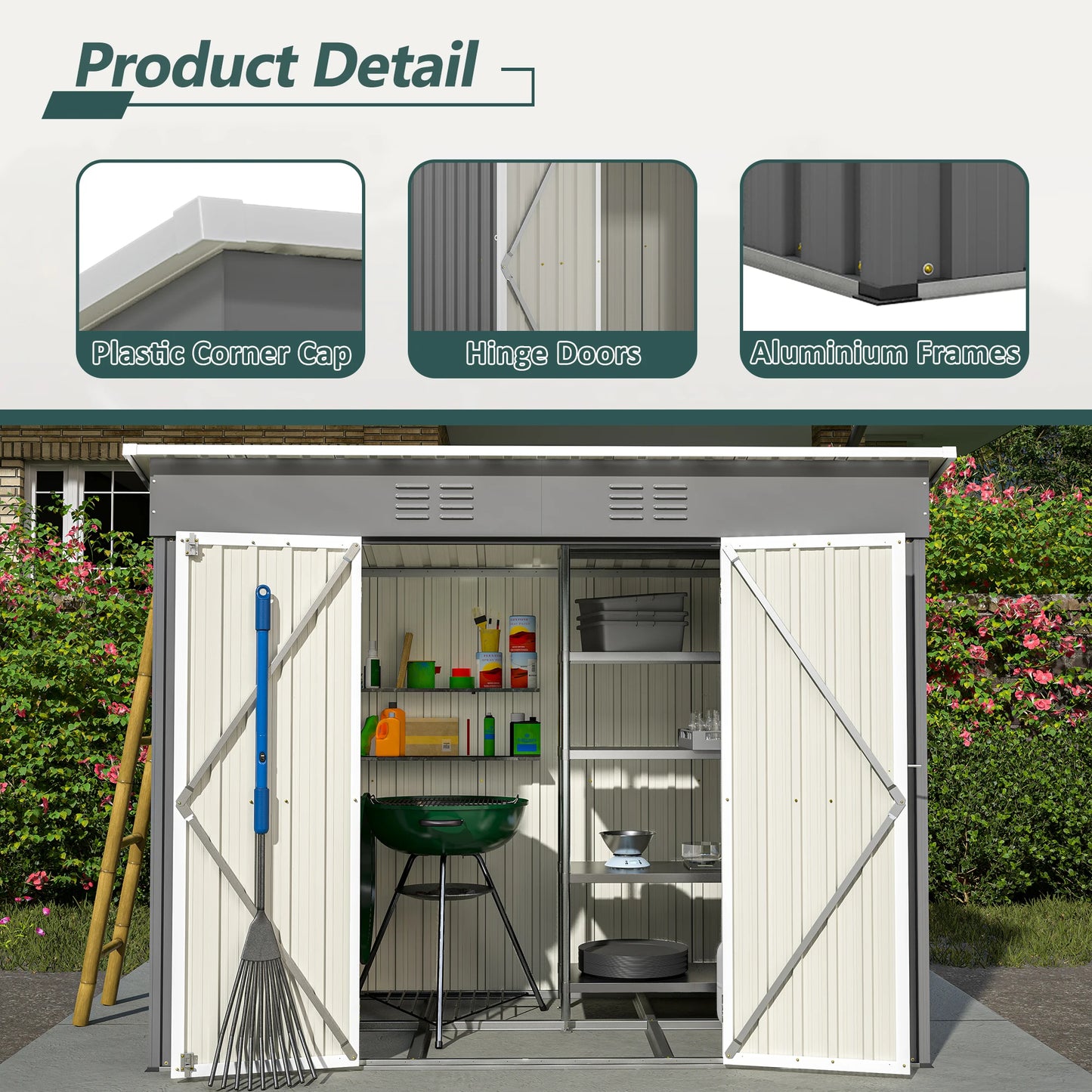LZBEITEM 4' x 8' Metal Outdoor Storage Shed, Lean to Storage Shed, Garden Tool Storage House with Lockable Door and 2 Air Vents