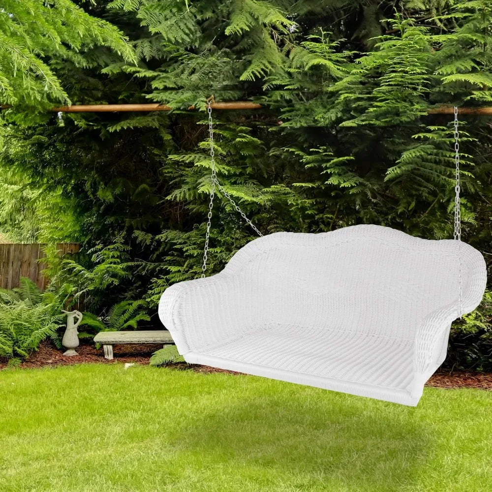 2-Person Hand Woven Resin Wicker Hanging Porch Swing with Chain - White