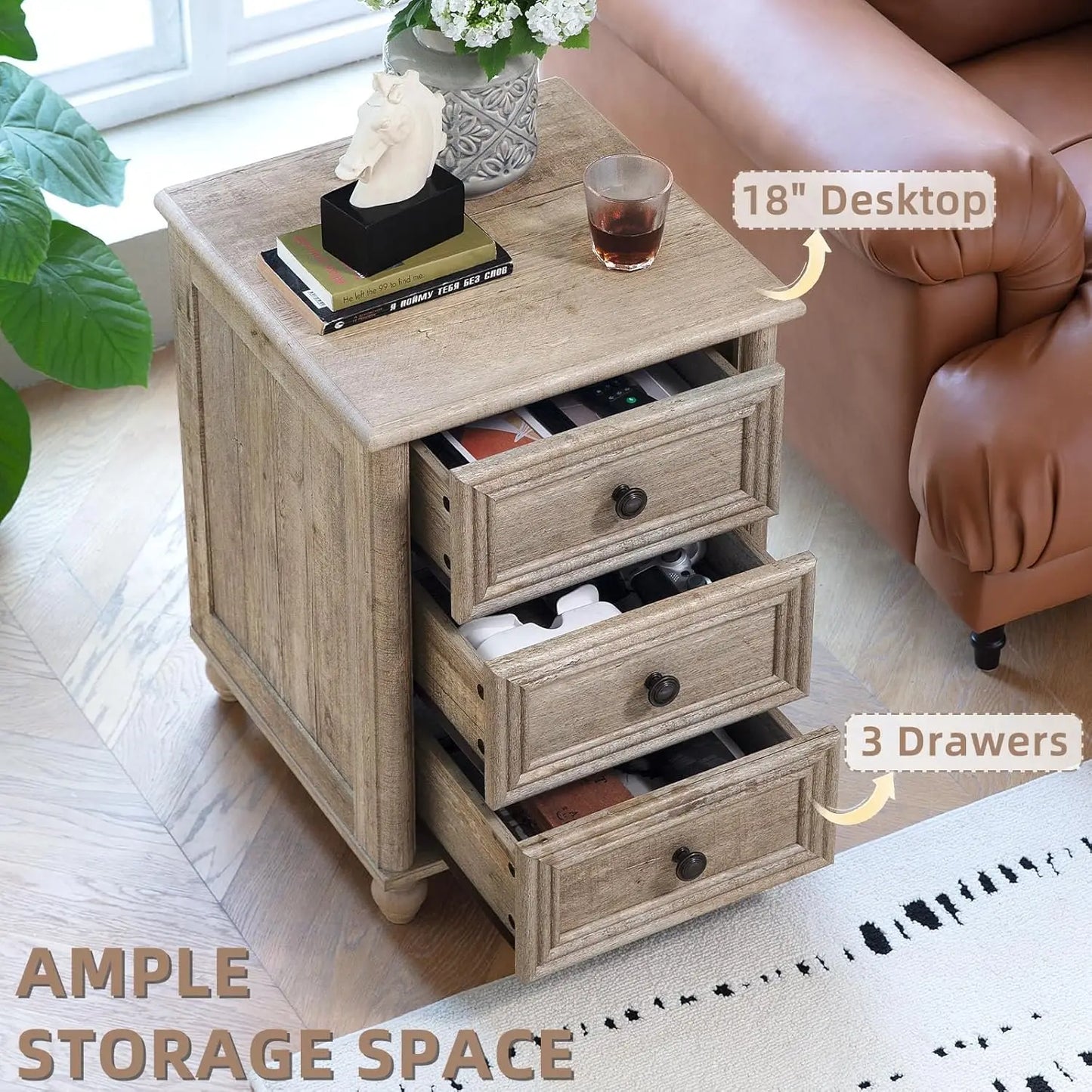18" Farmhouse Night Stand Set of 2, Gray Wood Nightstand with 3 Drawers, Bedside End Table with Storage and Roman Column