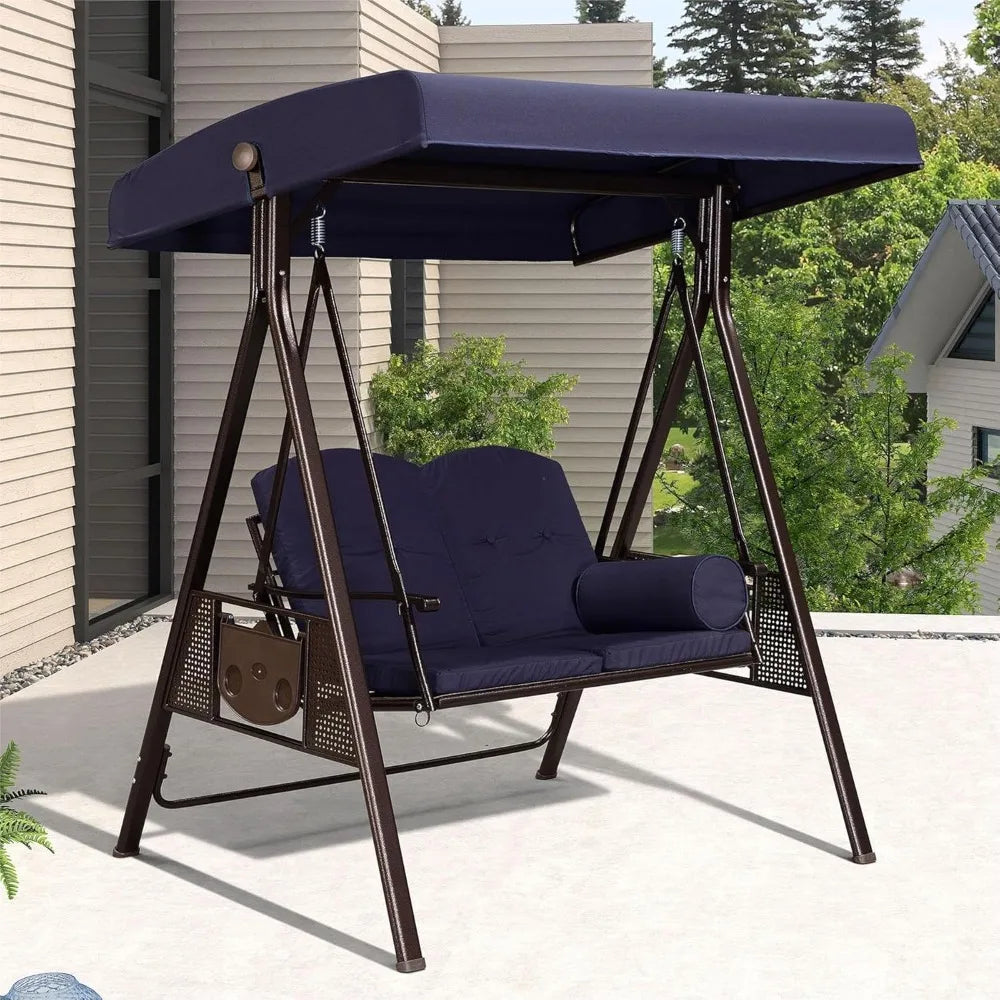 2 outdoor terrace porch swings, weather resistant steel frame, adjustable tilt canopy, including cushions and pillow swings