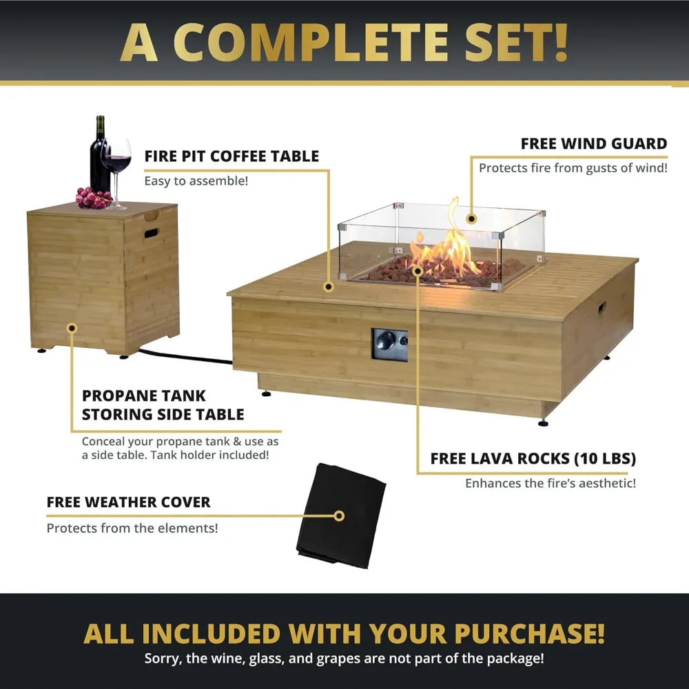 Outdoor Propane Fire Pit Table and Propane Tank Cover Table 43-Inch Square Wood Color Outdoor Fireplaces Includes Lava Rocks for