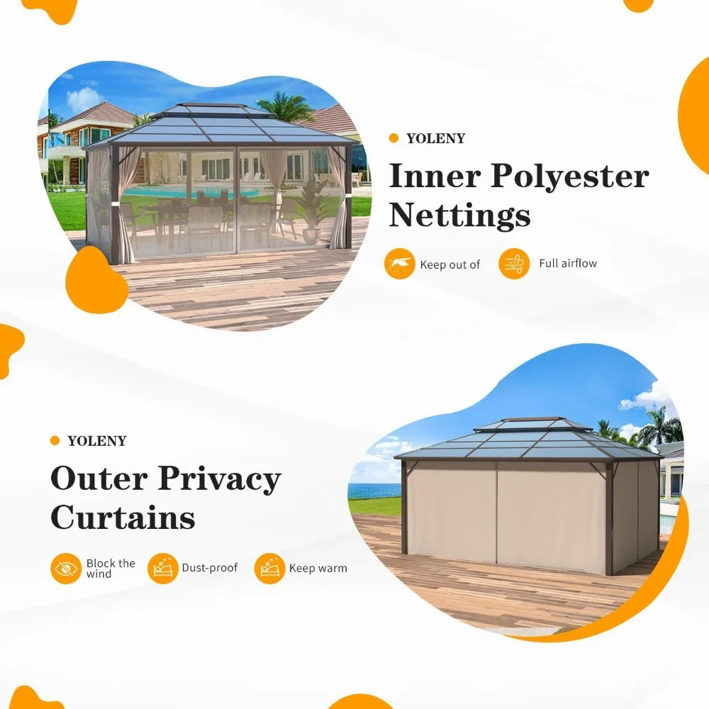 10'x13' Hardtop Gazebo, Outdoor Polycarbonate Double Roof Canopy, Aluminum Frame Permanent Pavilion with Curtains and Netting,