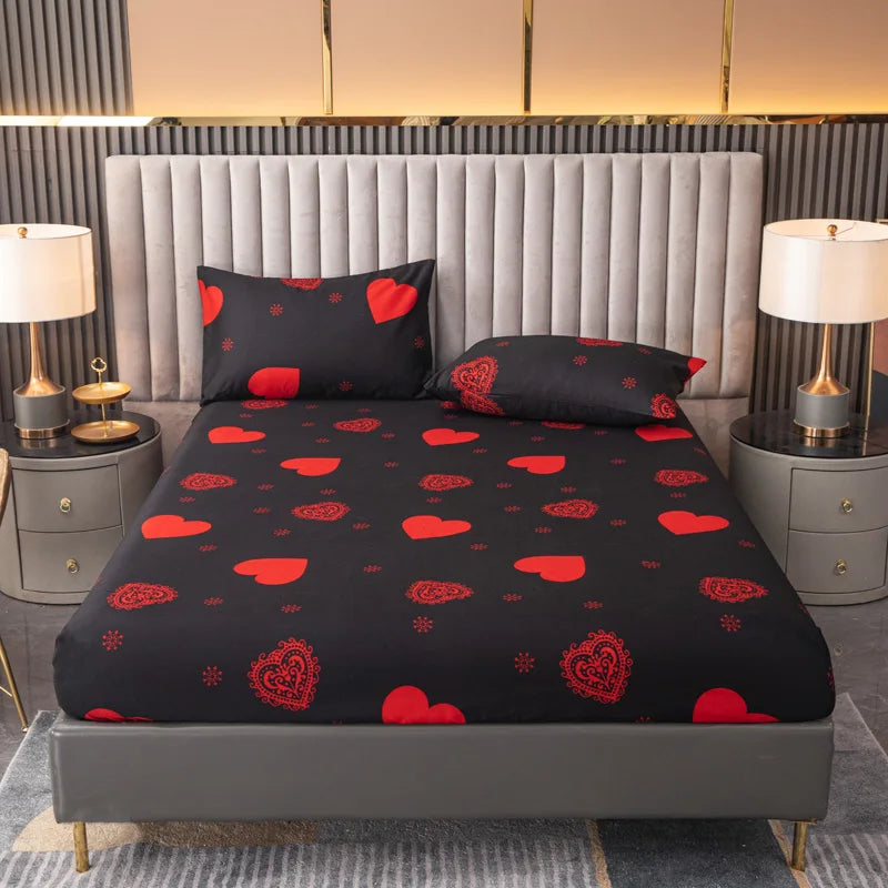 3pcs Valentine's Day Heart Print Bed Canopy Pillowcase Set Romantic Love Theme Red Heart Design Fitted Sheet Suitable for Girls
