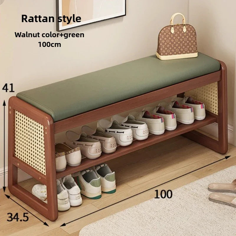 Teng woven shoe changing stool, entrance door, home door, multi-layer storage, solid wood, can sit on shoe stool