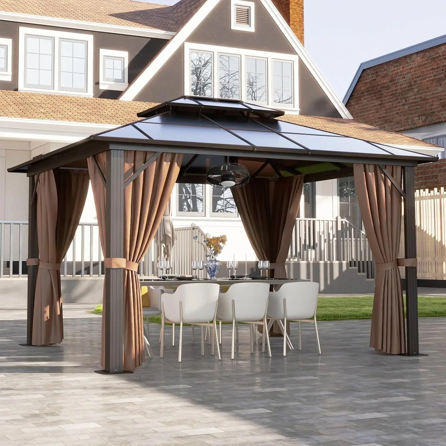 10'x12' Hardtop Gazebo, Aluminum-Framed Durable Pavilion with Curtains & Netting, Boasting A Dual-Layer Polycarbonate Roof