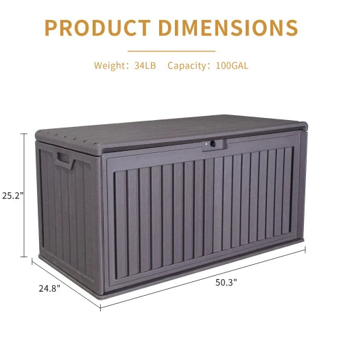 100 Gallon Resin Outdoor Deck Box Waterproof, Plastic Patio Storage Box with Side Handles, Lockable Storage