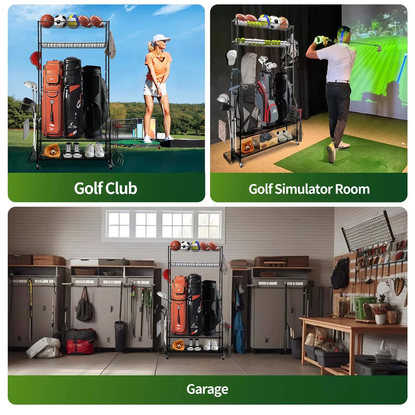 Golf Bag Storage Garage Organizer Fit for 3 Golf Bag Multifunction Home Storage Stand Holder for Sport Equipment organizers Rack