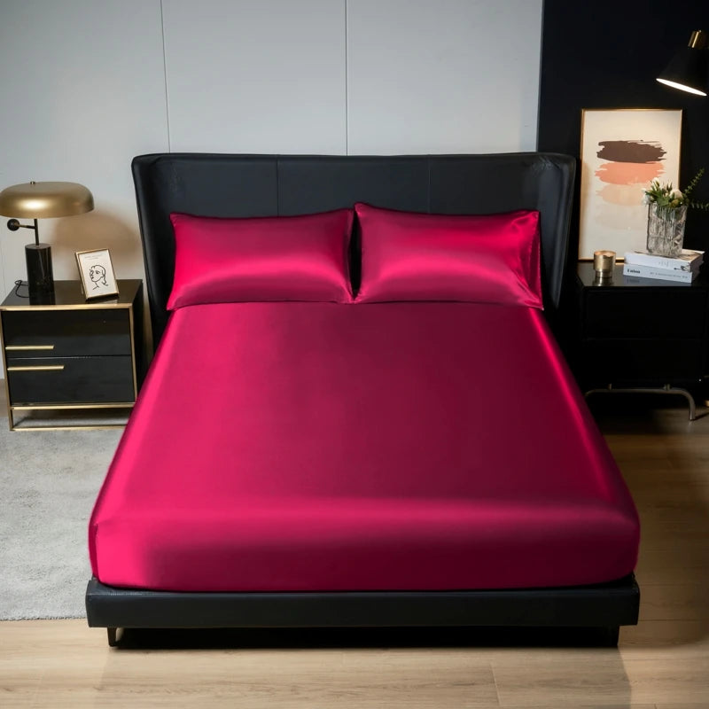Kuup 100%Polyester 3pcs satin surface Bedding Fitted Sheet and pillowcases Set Elastic Band Around Mattress Cover King Bed Cover