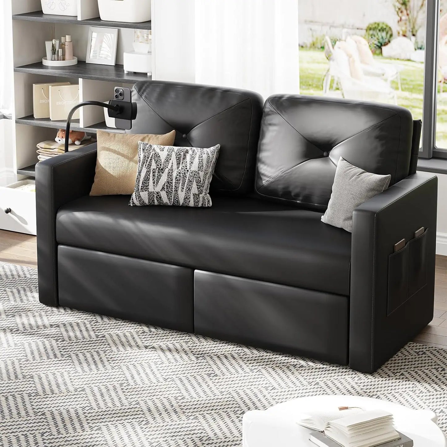 Vabches Leather Loveseat Sofa 2-Seater Sofa with Charging Ports&Storage Comfy Solid Wooden Frame Couches for Living Room Bedroom