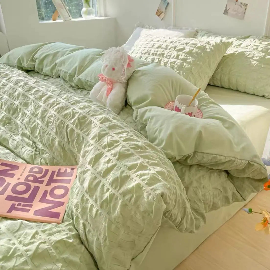 Princess Bedding Set French Style Wash Cotton Solid Color Seersucker Summer Soft 2024New Bed Sheet Set Comforter Set