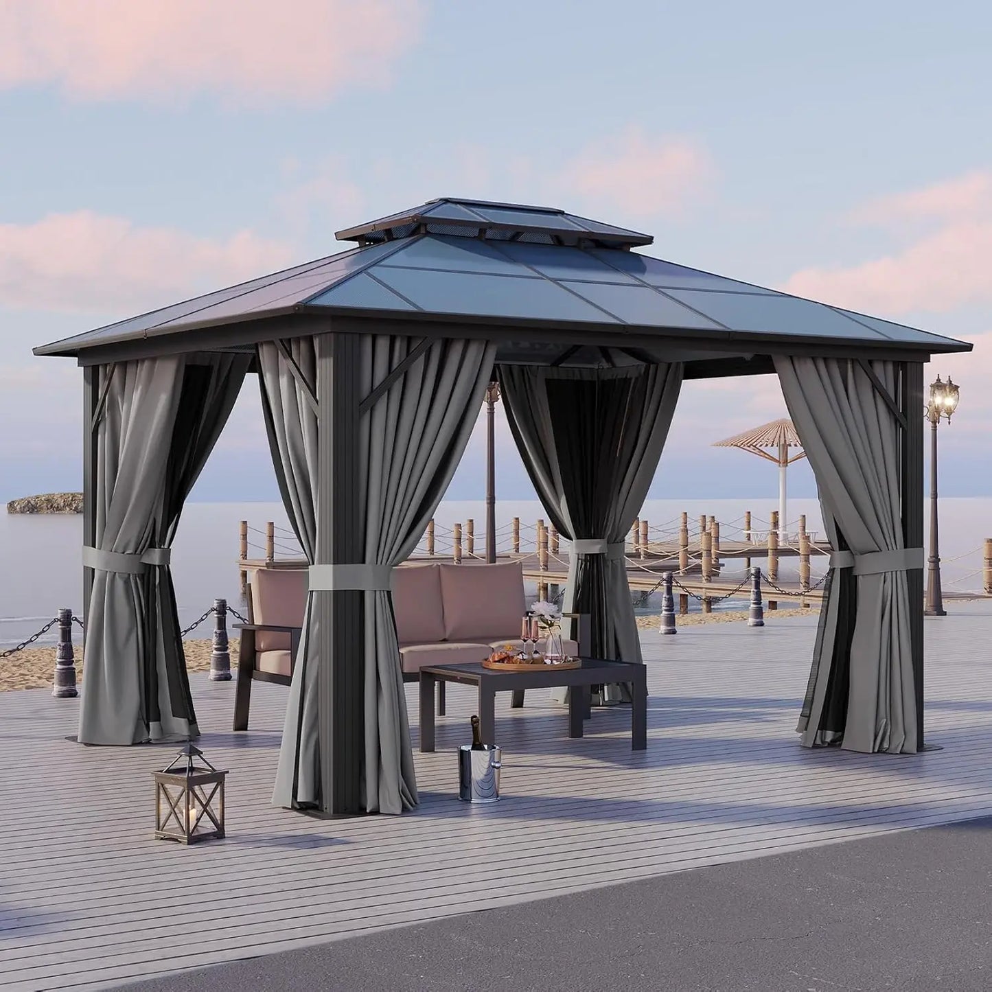 10'x12' Hardtop Gazebo, Aluminum-Framed Durable Pavilion with Curtains & Netting, Boasting A Dual-Layer Polycarbonate Roof