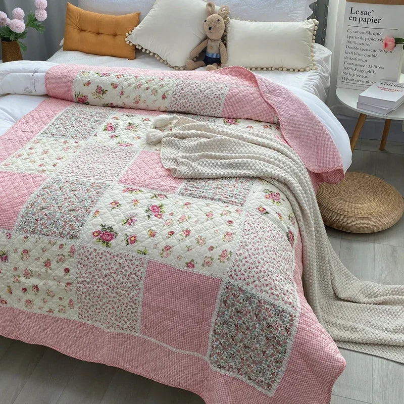 Floral Cotton Quilt Blanket Twin Size 150x200cm Patchwork Bedspread Lightweight Summer Coverlet Sofa Cover All-Season Home Decor