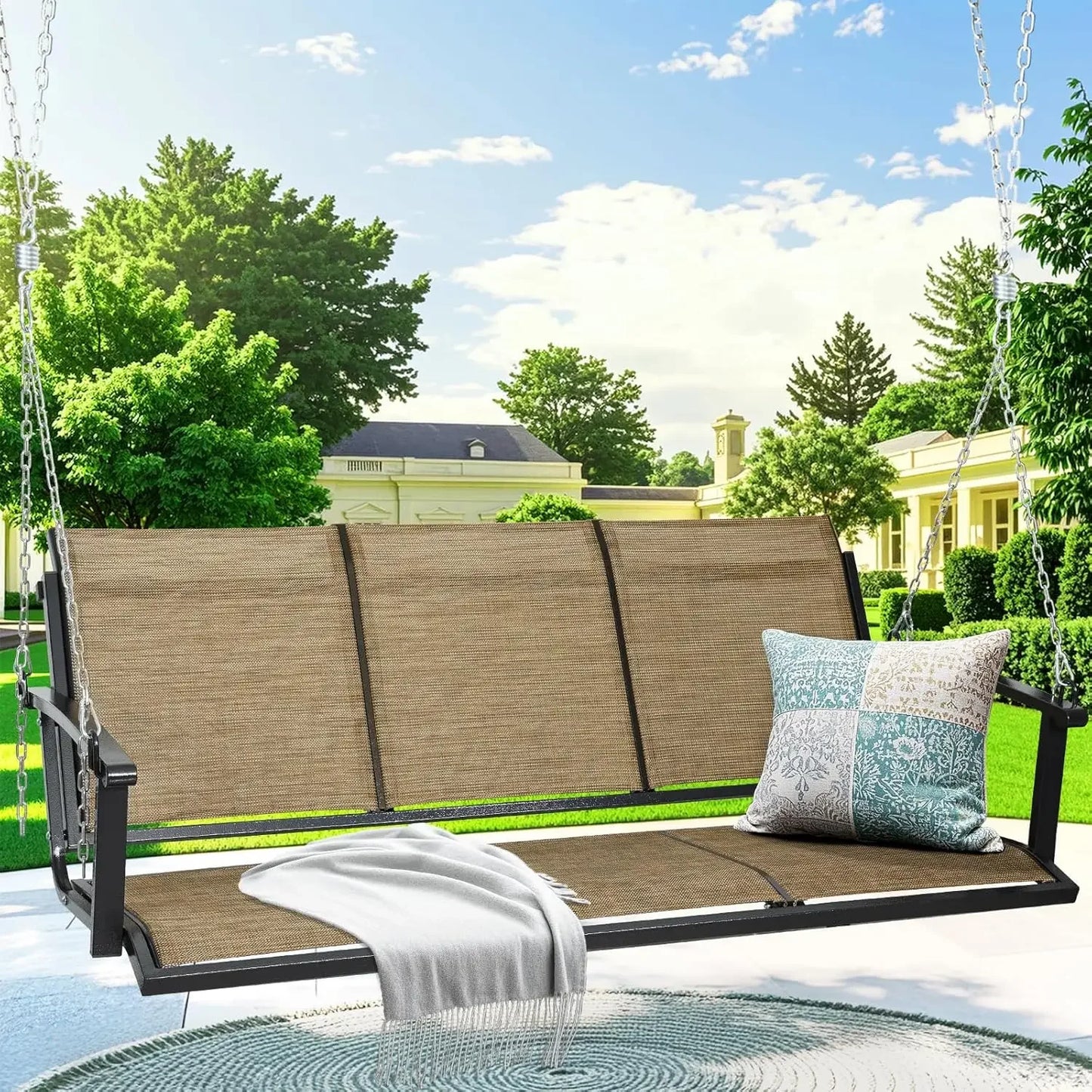 3 Seat Hanging Swing, 5.2FT Patio Bench Swing, 660lbs Heavy Duty Outdoor Porch Swing with Hanging Chains for Courtyard,