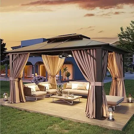 10'x12' Hardtop Gazebo, Aluminum Frame Permanent Pavilion with Curtains and Netting, Outdoor Polycarbonate Double Roof Canopy,