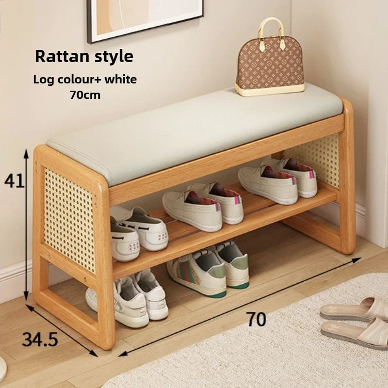 Teng woven shoe changing stool, entrance door, home door, multi-layer storage, solid wood, can sit on shoe stool