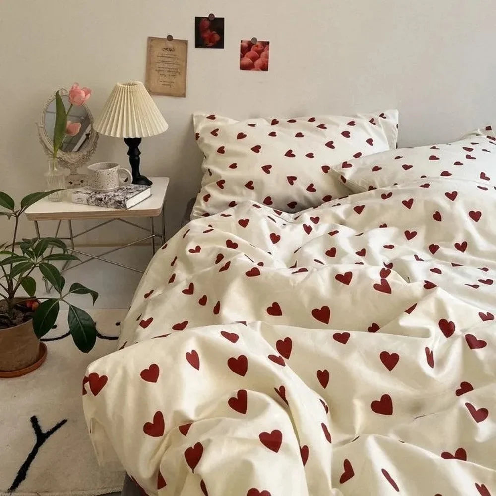 Ins Princess Pink Heart Duvet Cover Set Pillowcase Bed Sheet Kids Girls Bedding Set Queen Twin Cute Kawaii Quilt Cover No Filler