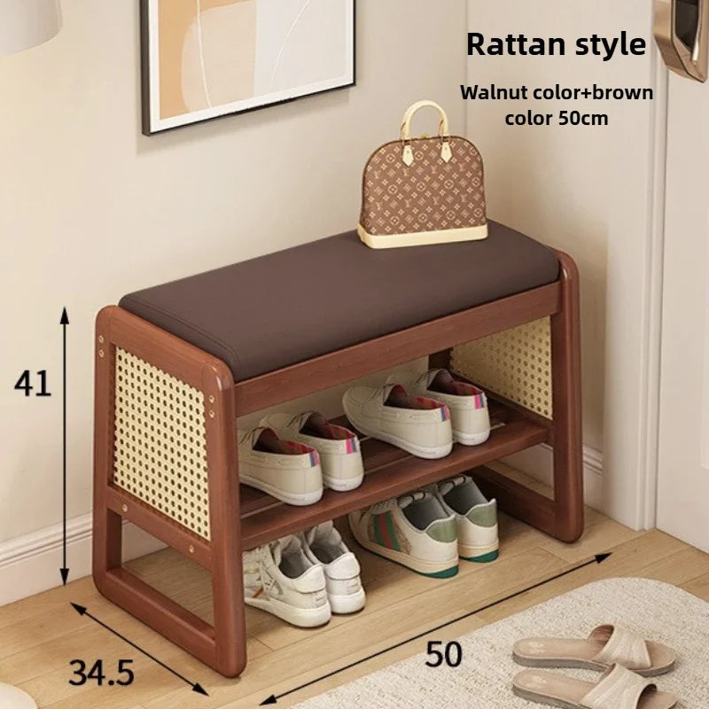 Teng woven shoe changing stool, entrance door, home door, multi-layer storage, solid wood, can sit on shoe stool