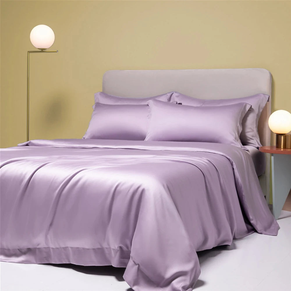 Lofuka Luxury Dark Gray 100% Pure Silk Bedding Set Beauty Double Queen King Quilt Cover Flat Sheet Pillowcase For Healthy Sleep