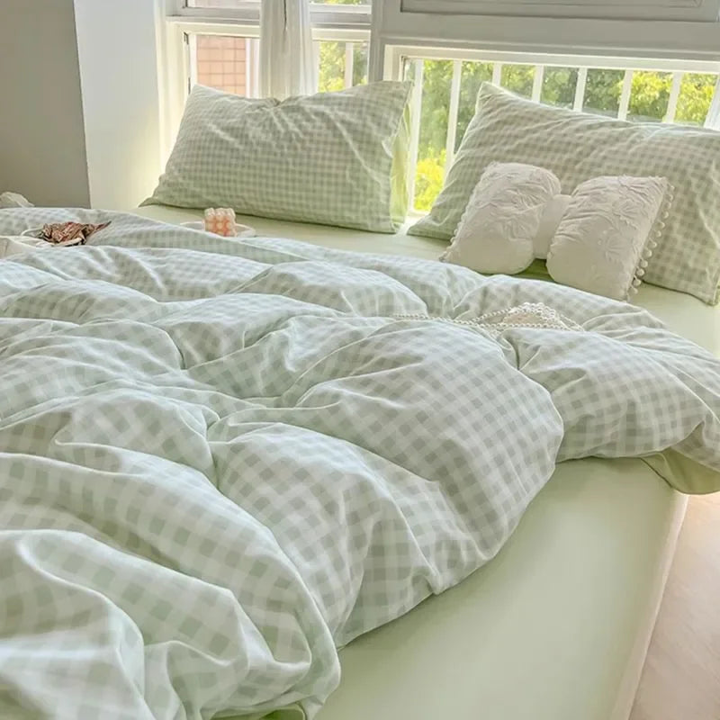 Classic Plaid Bedding Set No Filler Blue Green Duvet Cover Flat Sheet Pillowcases Single Full Queen Size BedSpread Home Textile