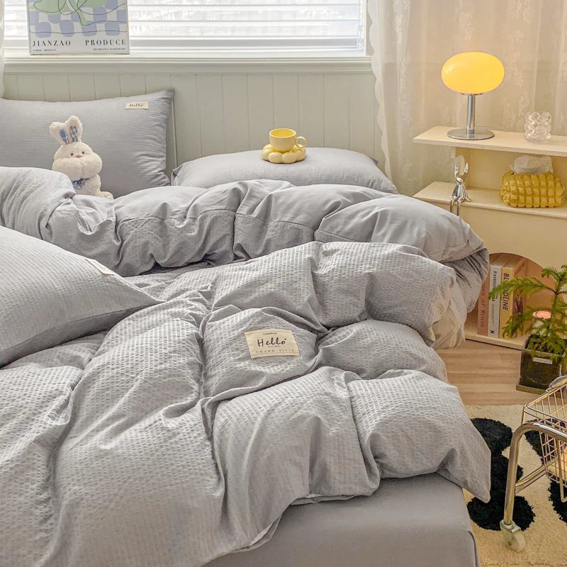 Iins Seersucker Washed Cotton Four-Piece Bedding Set Cotton Solid Color Quilt Cover Set Bedding Three-Piece Set Bed Sheet