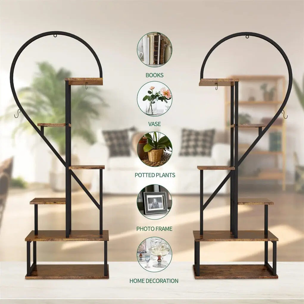 6 Tier Wood and Metal Plant Flower Rack Stand Storage Display Shelf Heart Shaped for Garden Balcony Living Room