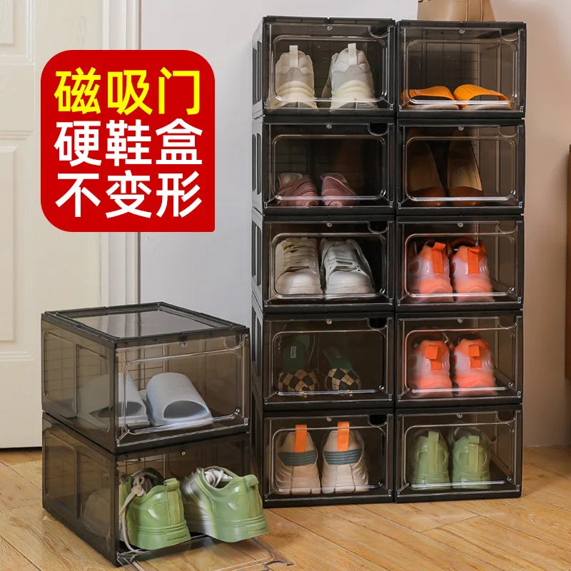 Magnetic hard plastic transparent drawer shoe box suitable for shoe storage box, space saving shoe rack shoe cabinet