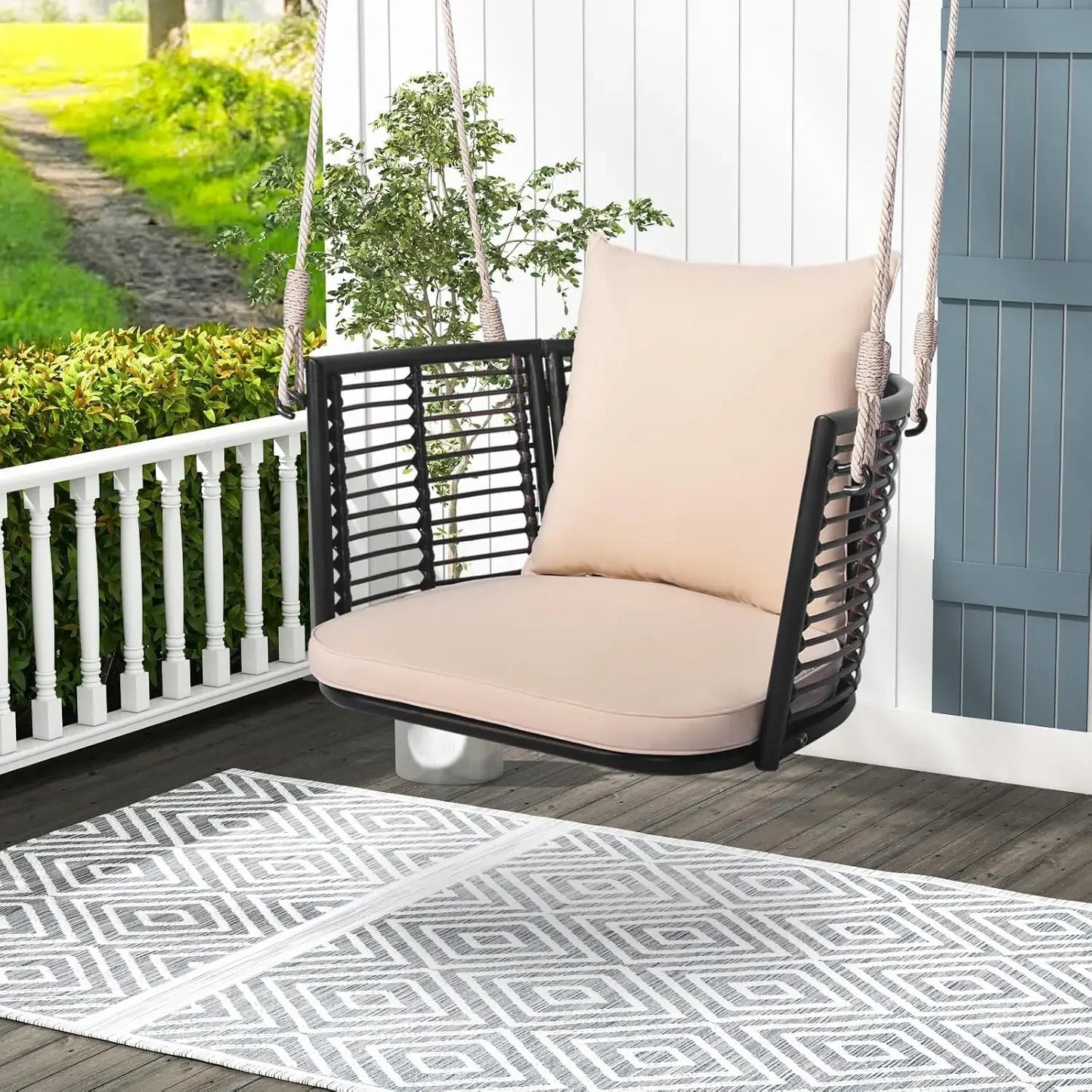 Outdoor Metal Porch Swing, Single Person Hanging Seat w/Woven Rattan Backrest, 2 Sturdy Hanging Ropes,